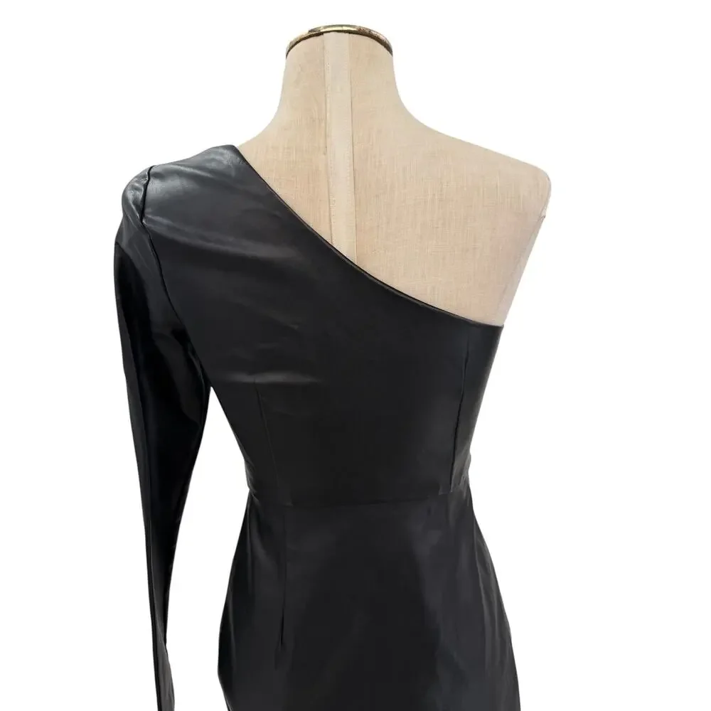 NBD Senia One Shoulder Faux Leather Mini Dress Black Long Sleeve XXS NWT